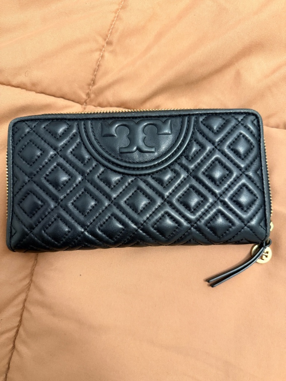 Tory Burch Black Quilted Logo Zip Wallet with Gold Hardware